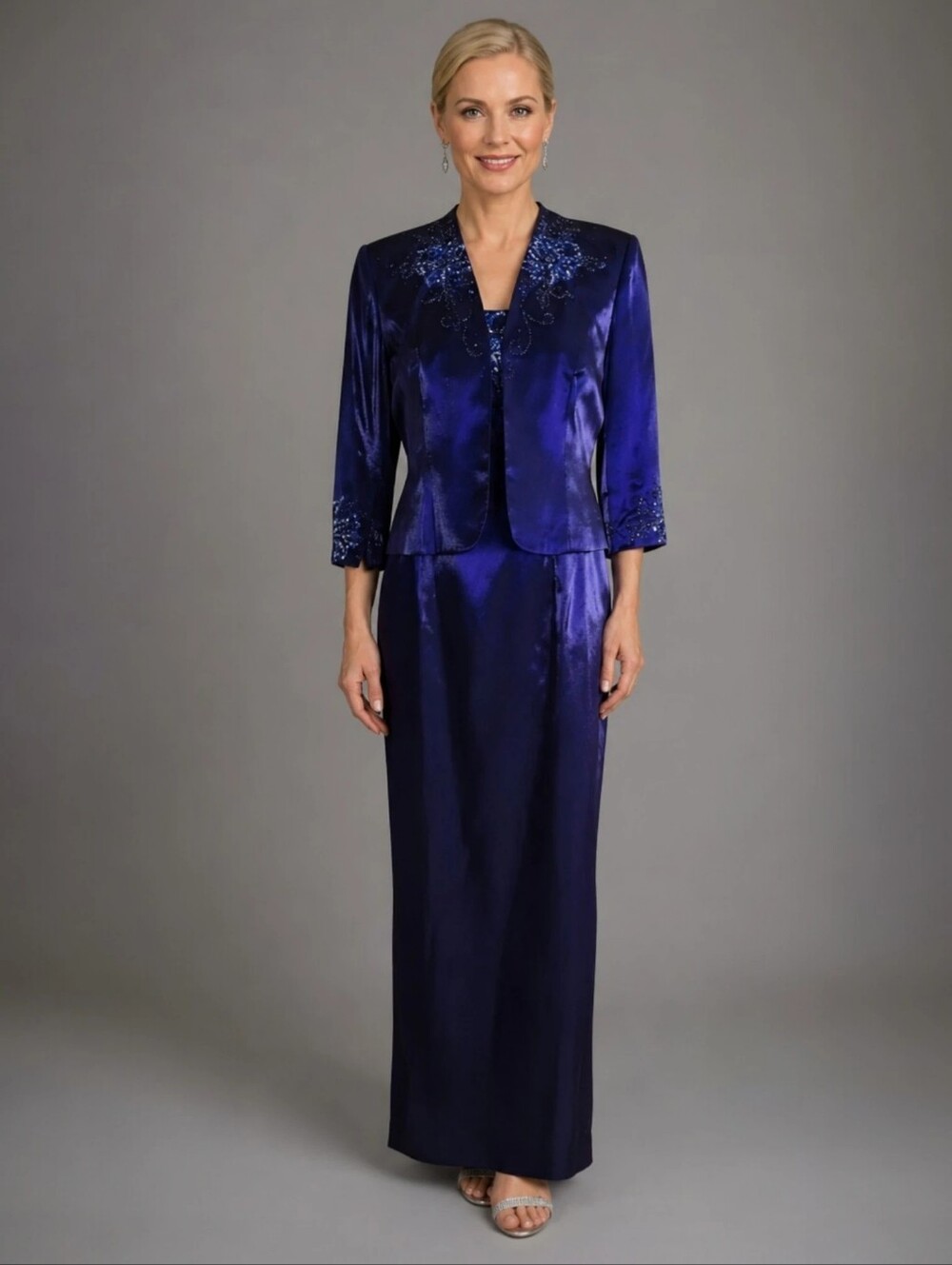 Alex Evenings Sapphire Beaded Jacket & Gown Set Size 10P NWT